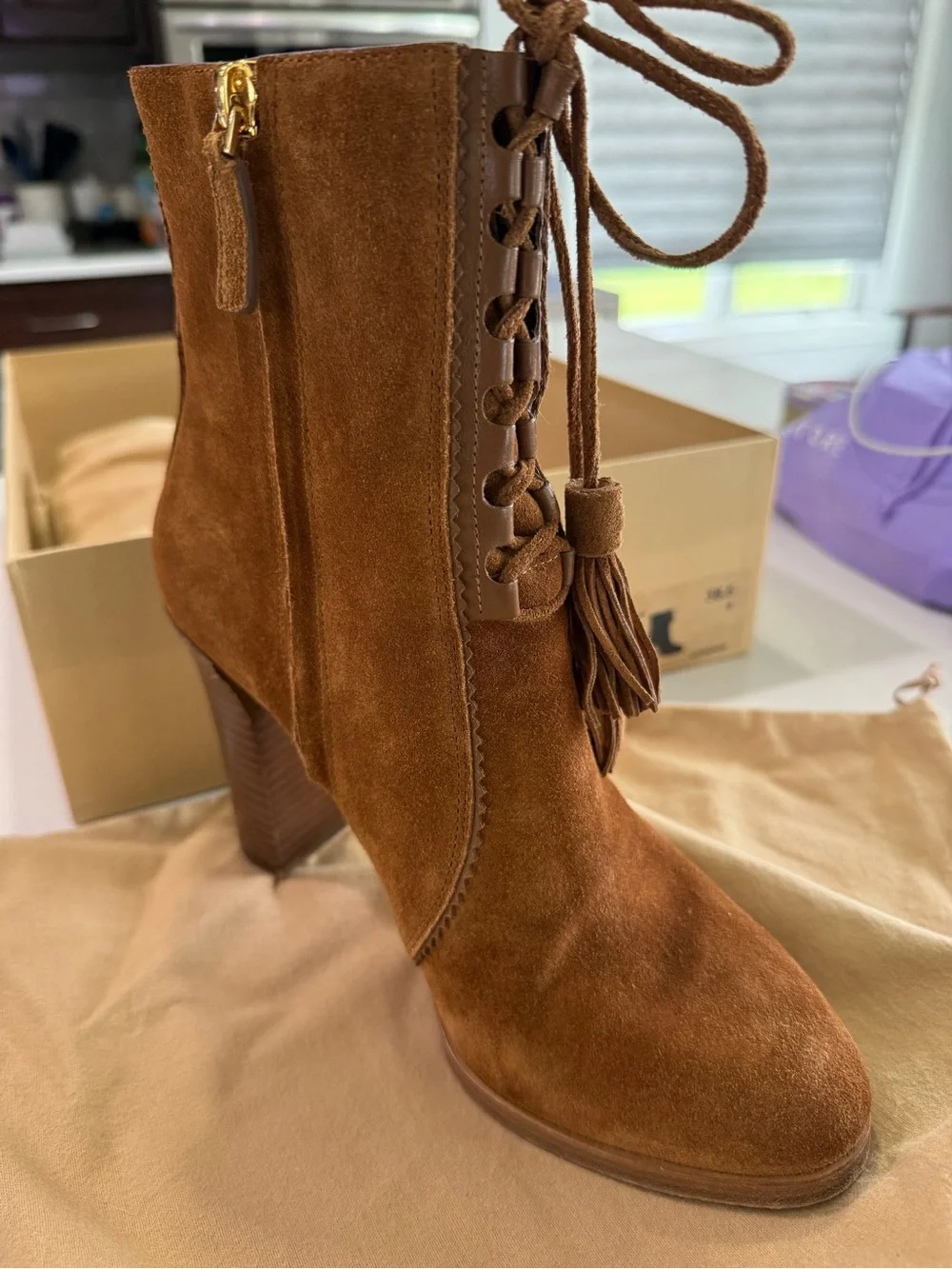 Michael Kors Chestnut Suede Tassel Lace-Up Ankle Booties